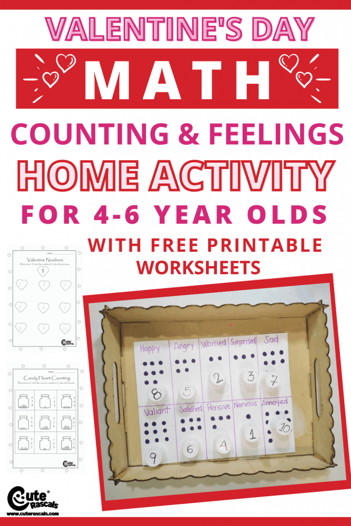 Help kids learn about counting and feelings. Math is fun with this numbers home activity for kids. This Valentine's day crafts come with free printable worksheets.