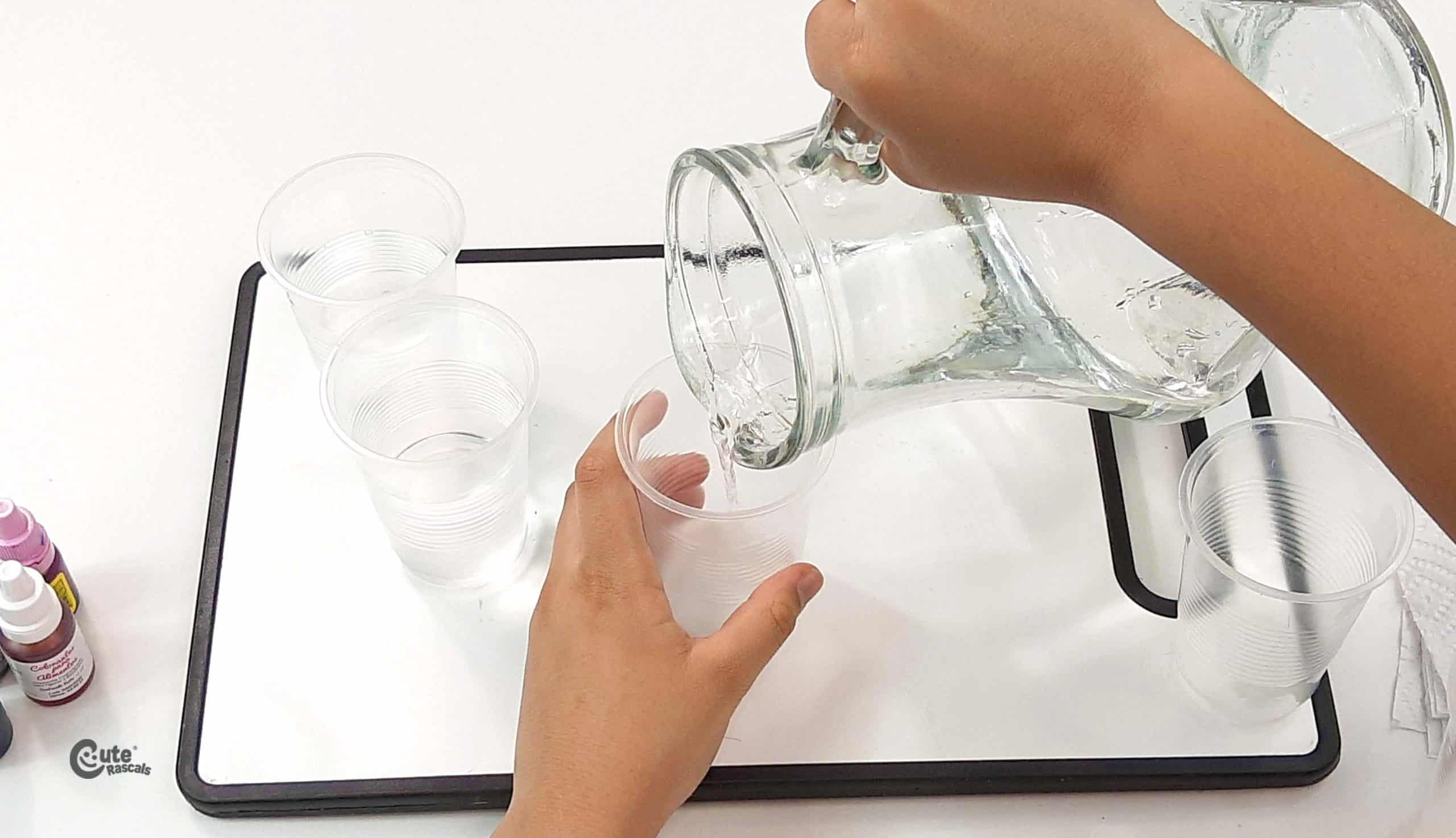 Pour water into four of the plastic cups